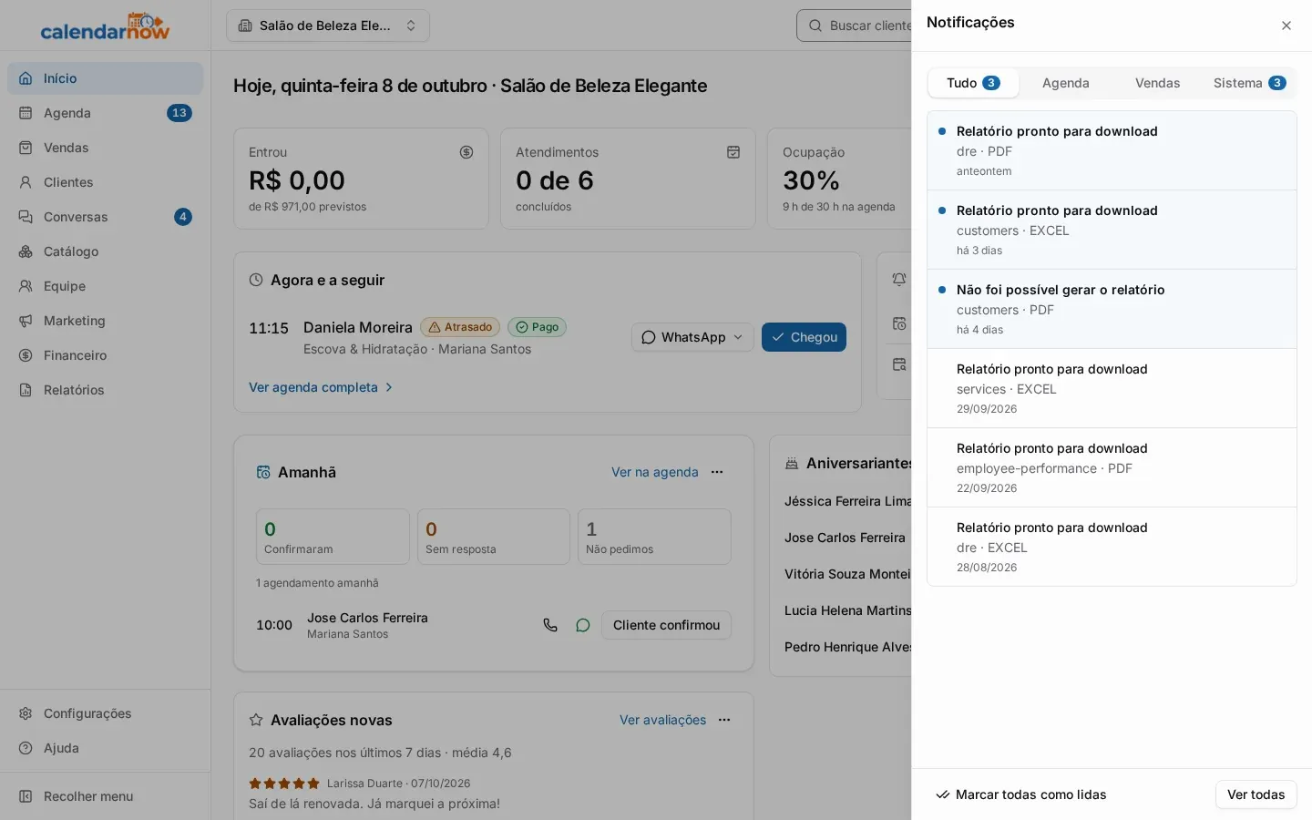 Lista de notificações aberta pelo sininho, com as abas e os avisos (no computador)