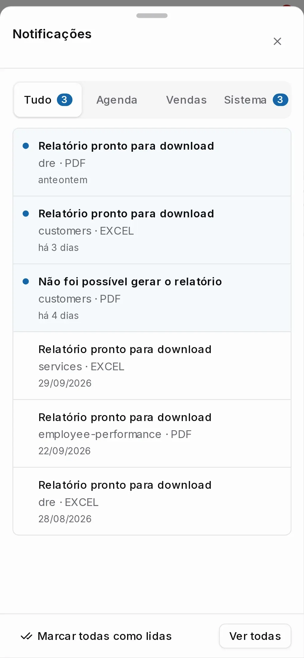 Lista de notificações aberta pelo sininho, com as abas e os avisos (no celular)