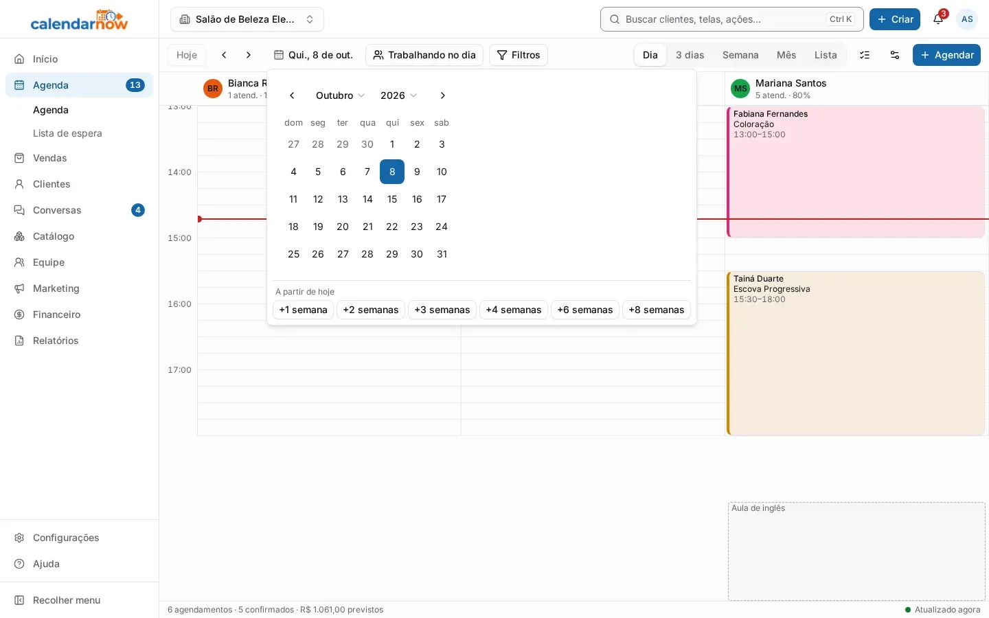Calendário aberto na data da agenda, com os atalhos de semanas a partir de hoje (no computador)