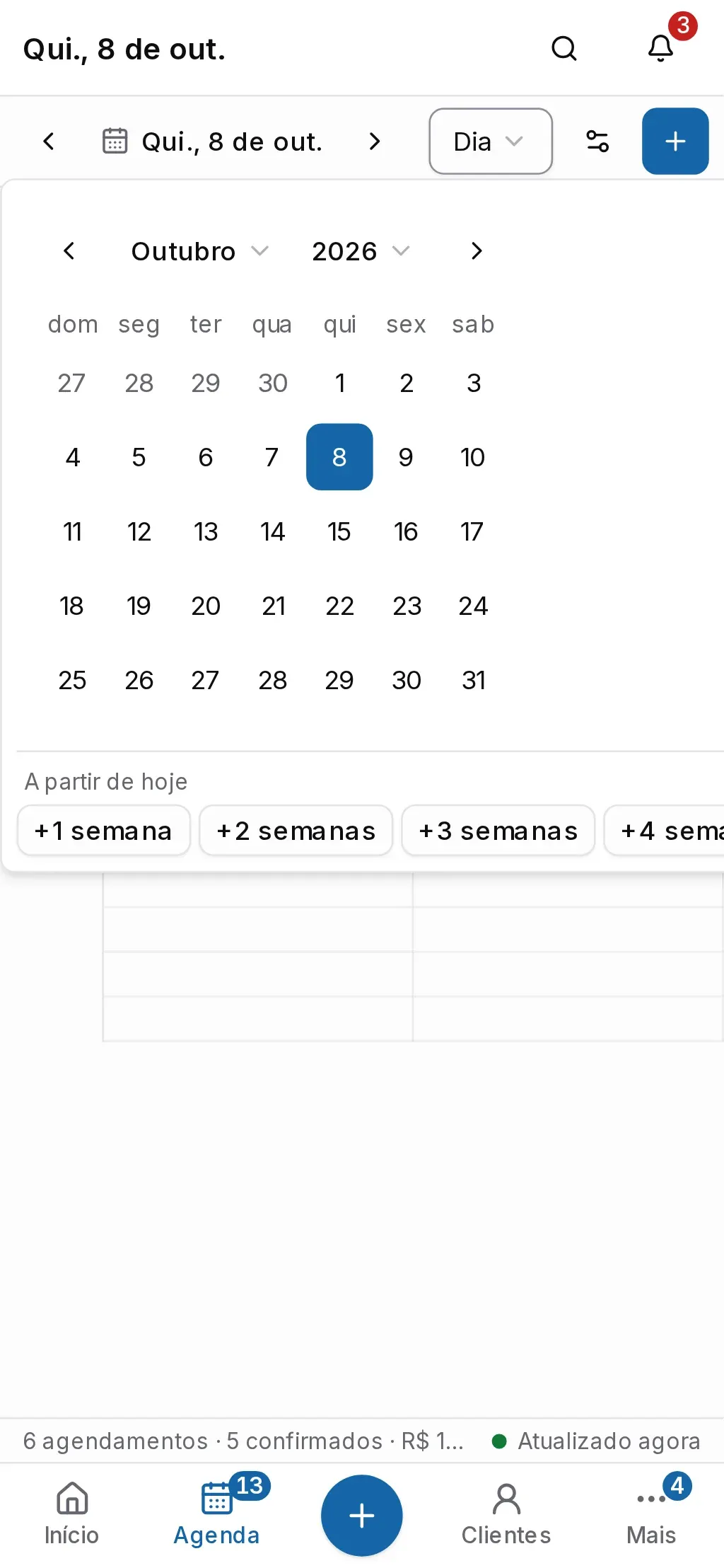 Calendário aberto na data da agenda, com os atalhos de semanas a partir de hoje (no celular)