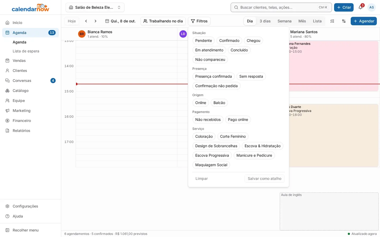 Filtros da agenda abertos, com situação, presença, origem, pagamento e serviço (no computador)