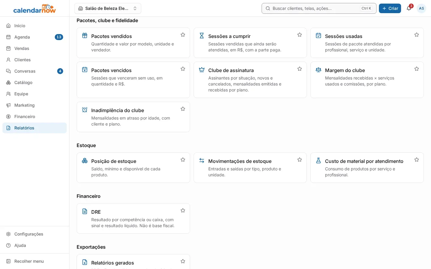 Grupo Pacotes, clube e fidelidade da lista de relatórios, com os relatórios de pacotes e do clube (no computador)