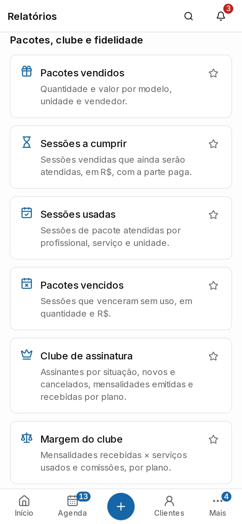 Grupo Pacotes, clube e fidelidade da lista de relatórios, com os relatórios de pacotes e do clube (no celular)