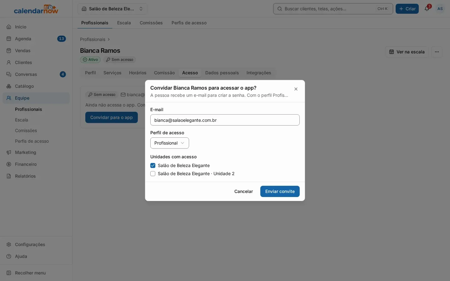 Convite para a profissional acessar o app, com o perfil Profissional e as unidades marcadas (no computador)