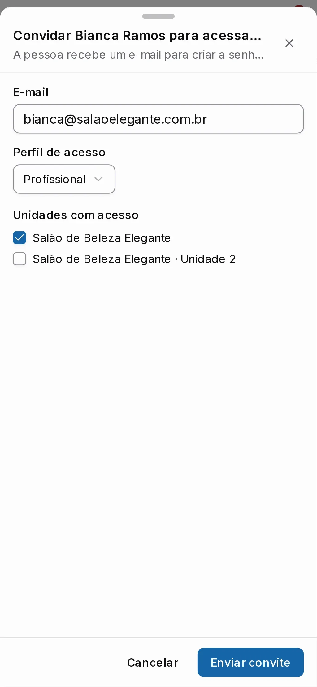 Convite para a profissional acessar o app, com o perfil Profissional e as unidades marcadas (no celular)