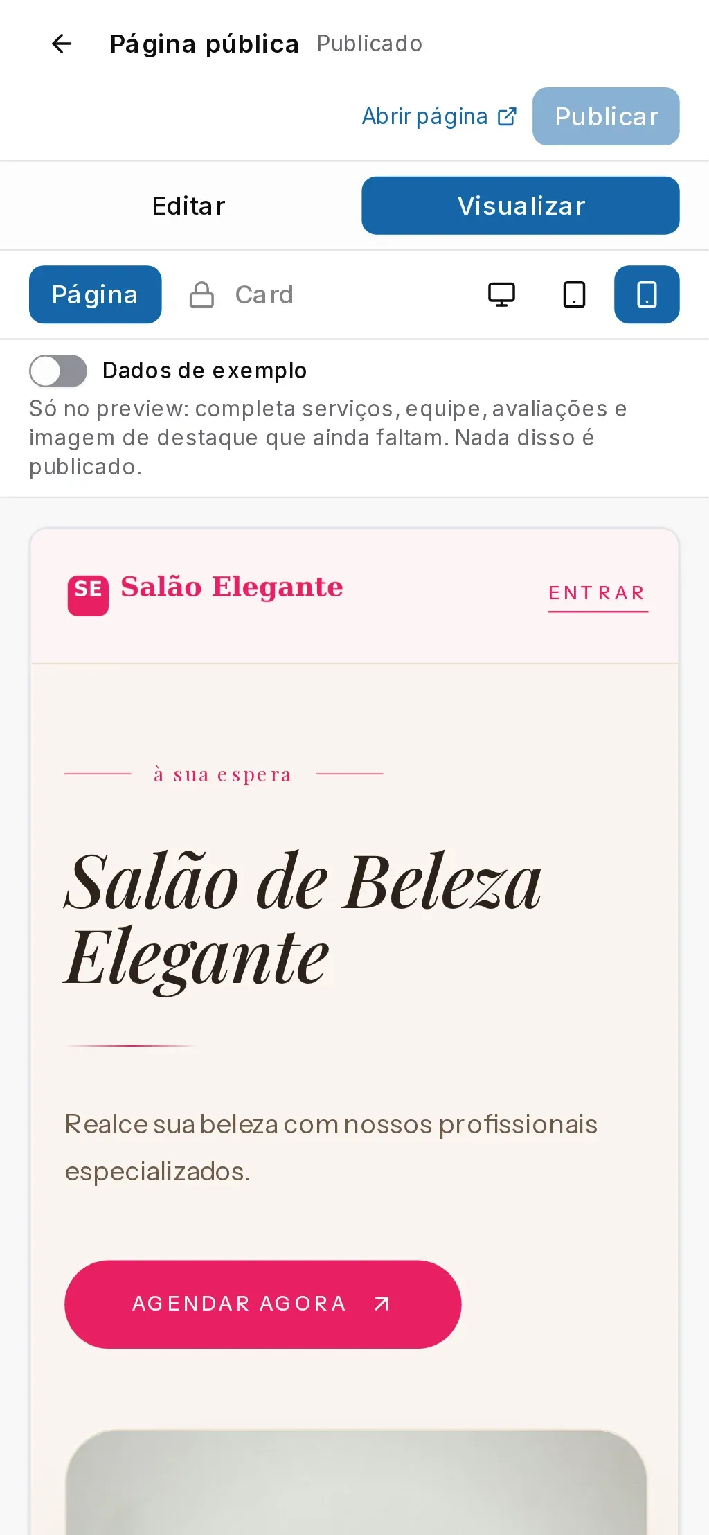 Editor no celular com a aba Visualizar aberta e a página do salão no tamanho do celular