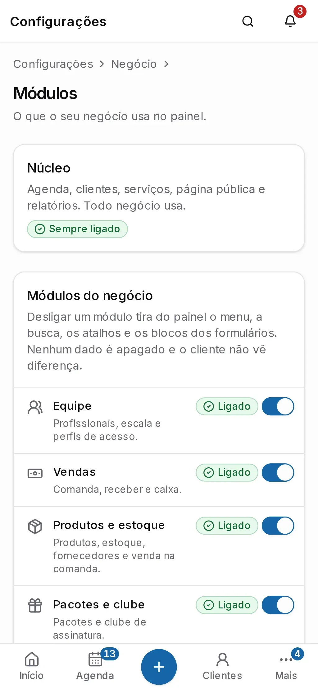Lista de módulos do negócio, cada um com o que inclui e a chave de ligar e desligar (no celular)