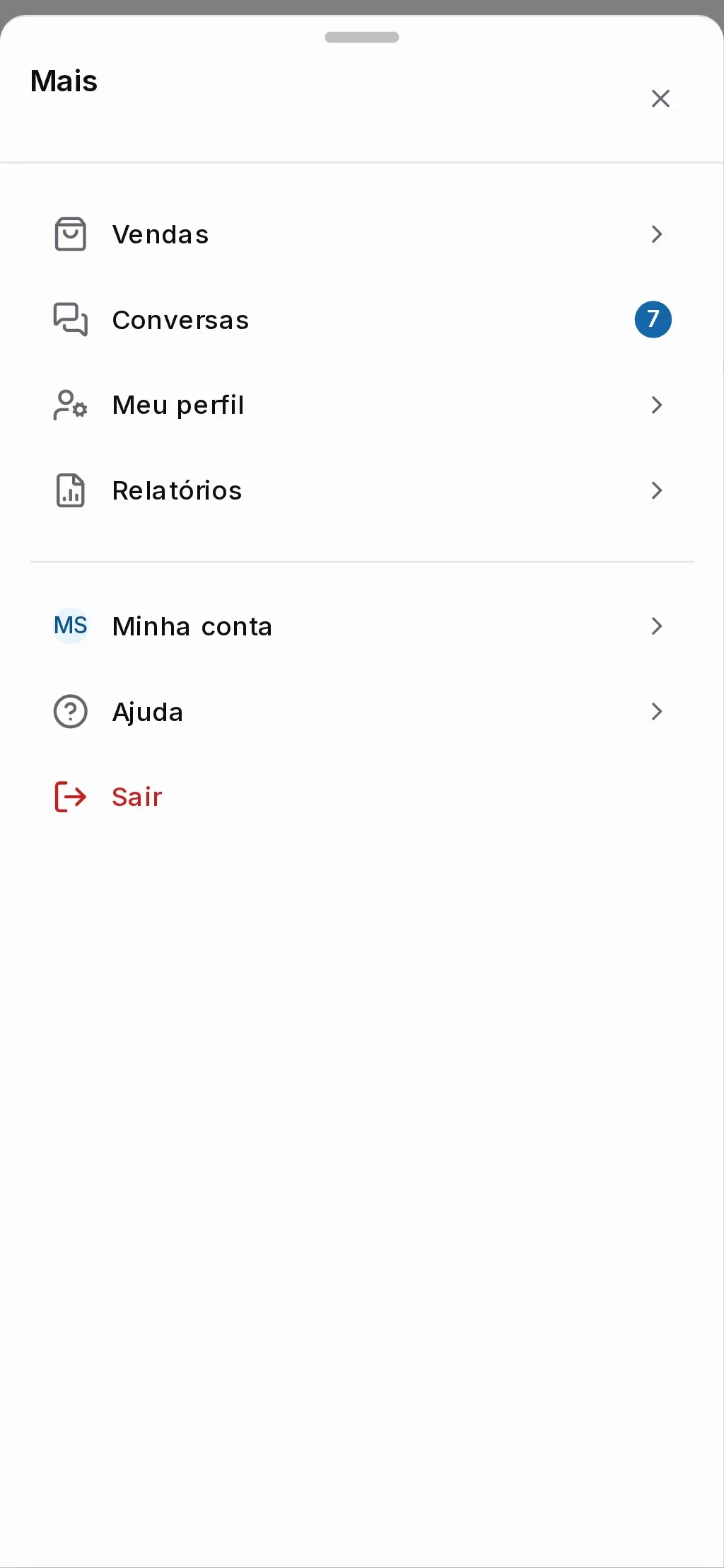 Menu Mais aberto no celular com Vendas, Conversas, Meu perfil, Relatórios, Minha conta, Ajuda e Sair
