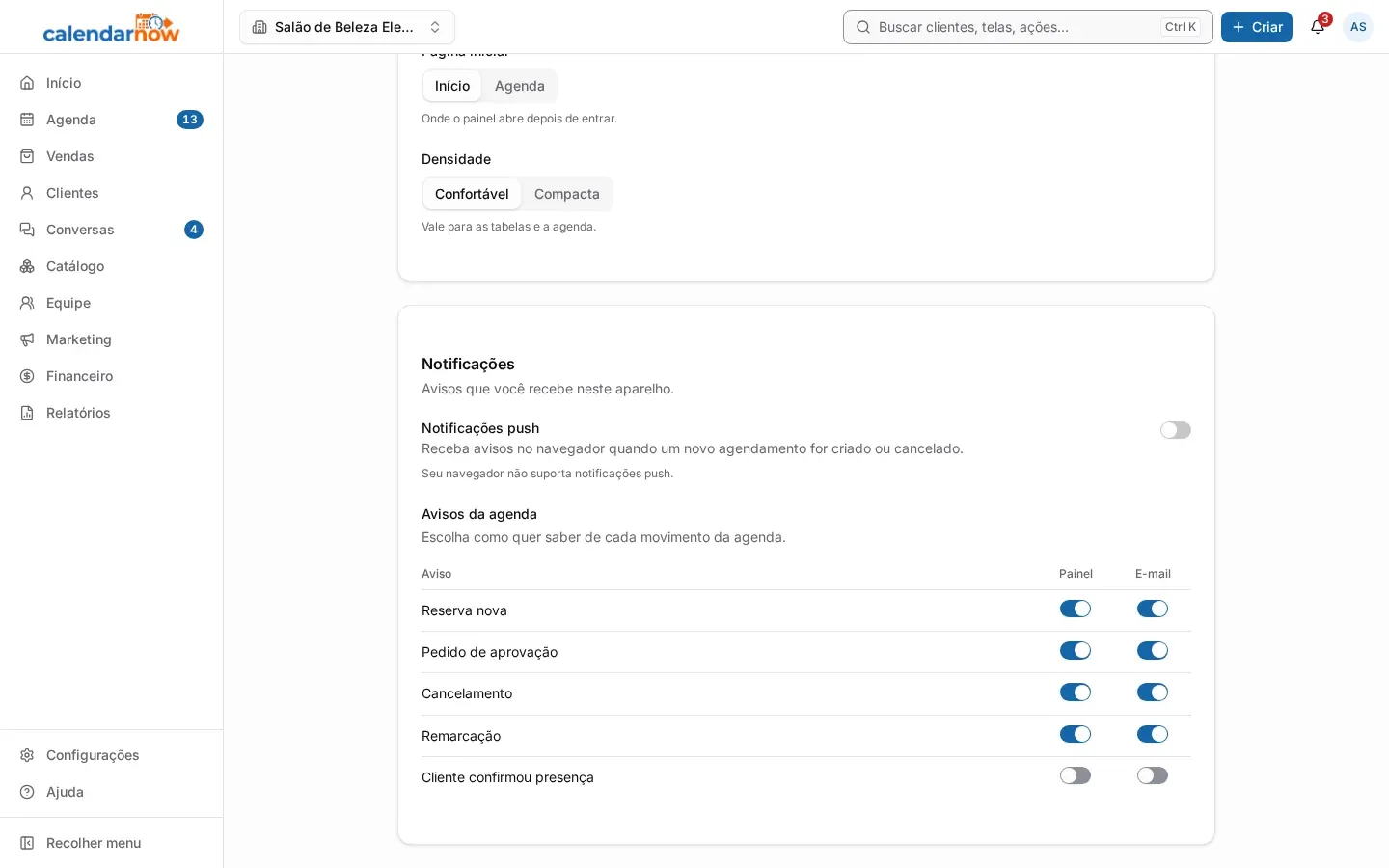 Seção Notificações da conta com as notificações push e a tabela de avisos da agenda (no computador)