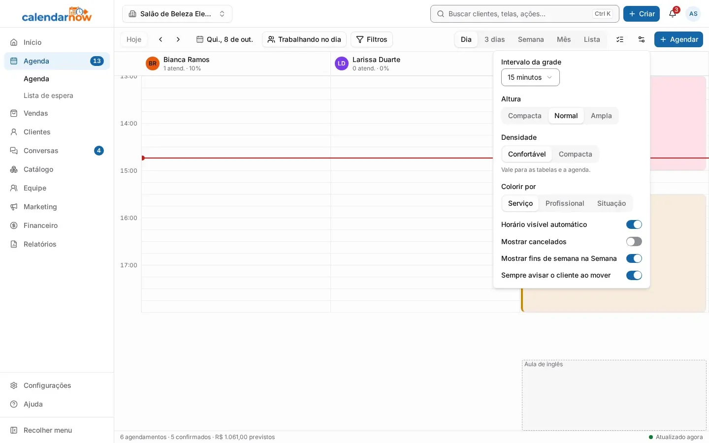 Preferências da agenda abertas, com intervalo da grade, altura e colorir por