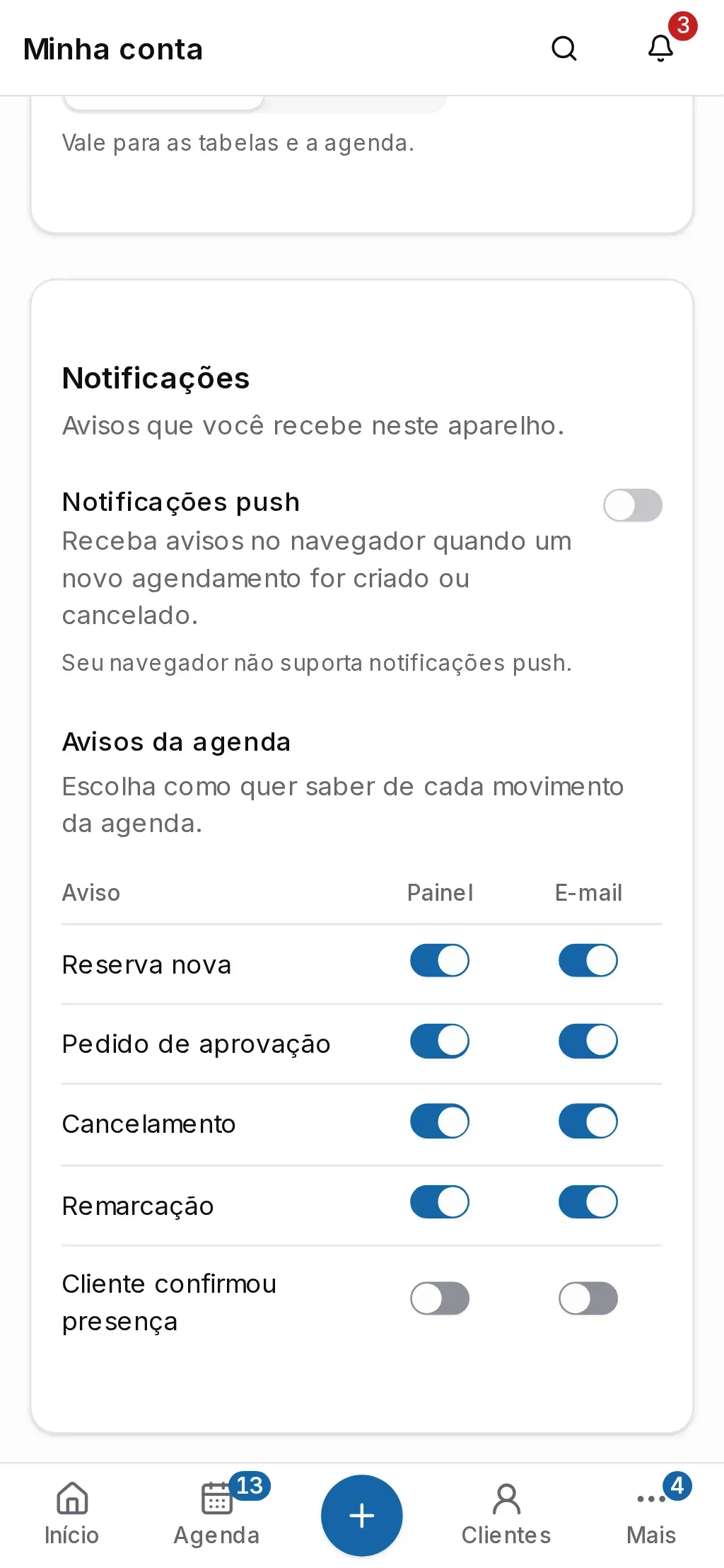 Seção Notificações da conta com as notificações push e a tabela de avisos da agenda (no celular)