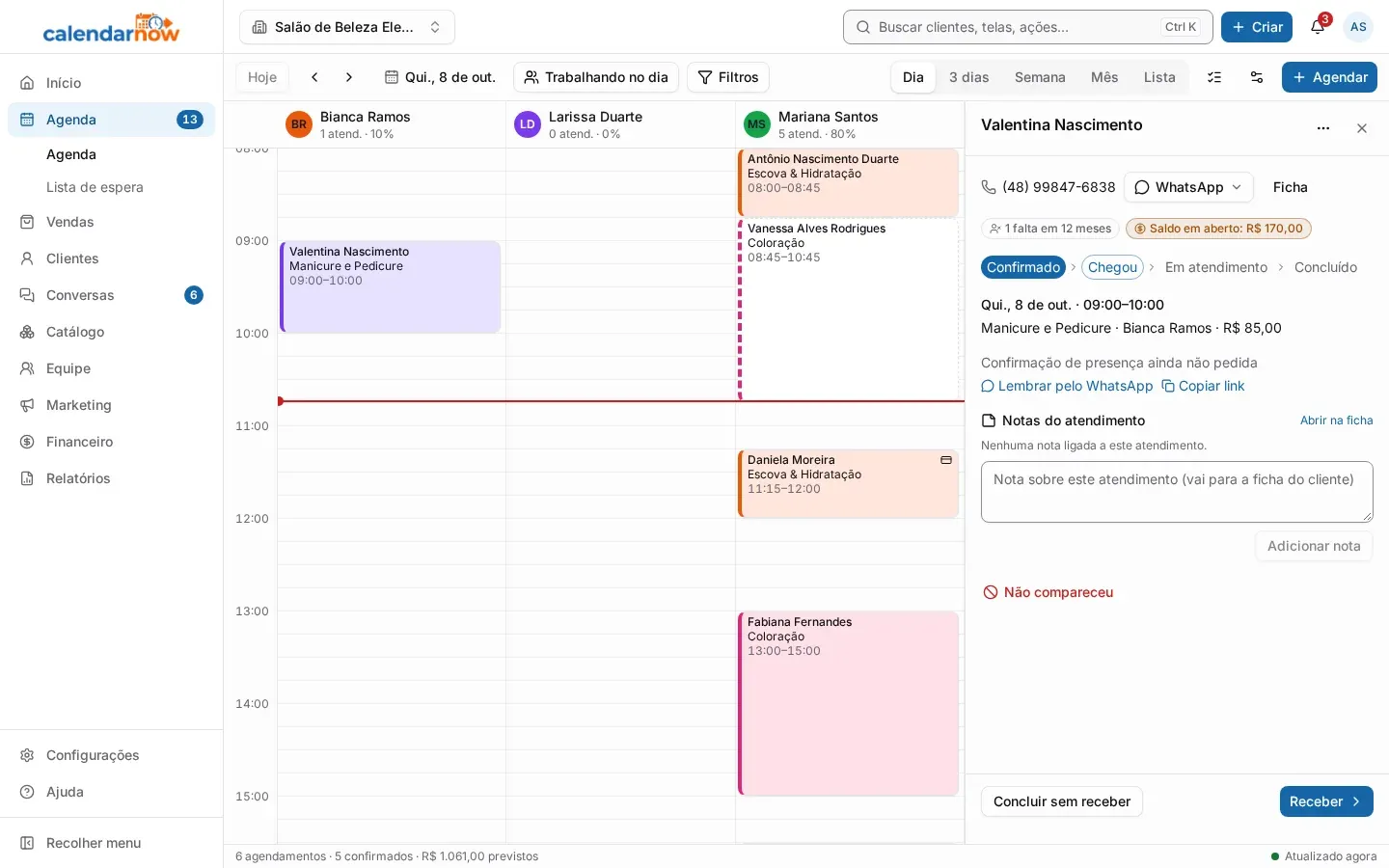 Painel do atendimento aberto na agenda com o botão Receber no rodapé (no computador)