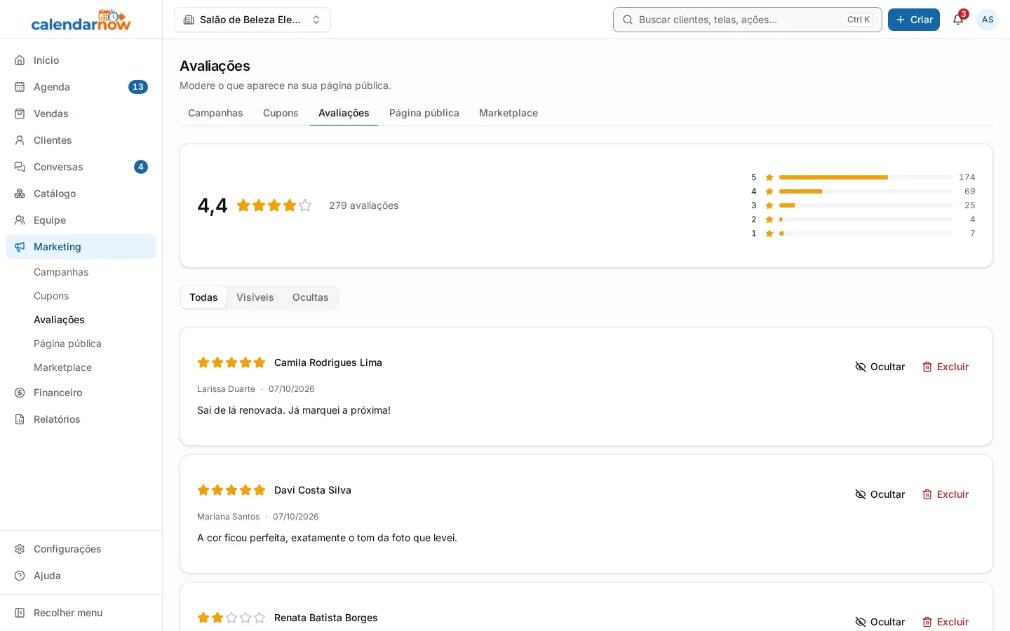Avaliações com a nota média, a distribuição por estrelas e a lista de comentários dos clientes (no computador)