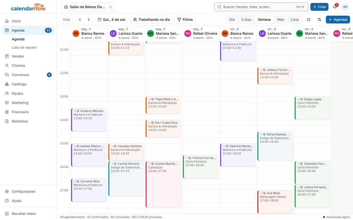Agenda na visão Semana, com uma coluna por profissional em cada dia e os atendimentos já concluídos