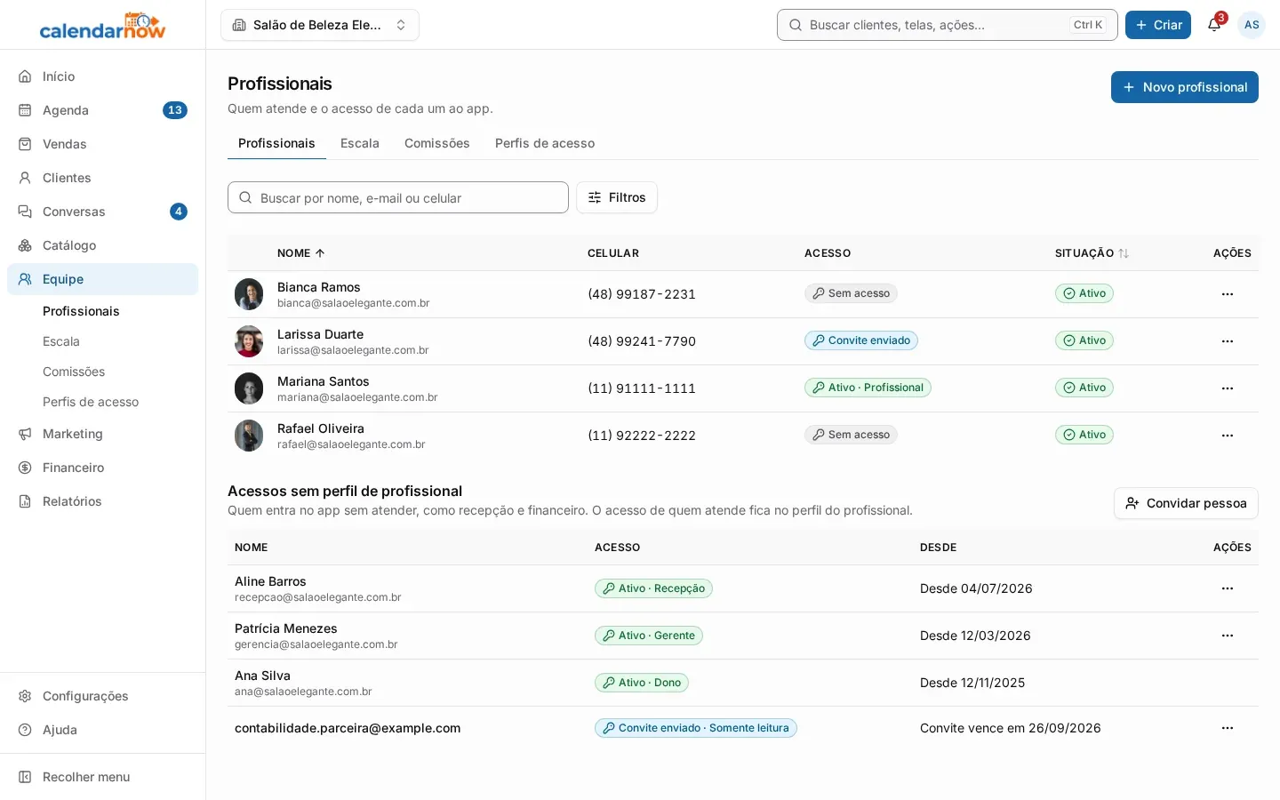 Seção de acessos sem perfil de profissional, com a recepção, a gerente, a dona e um convite pendente (no computador)