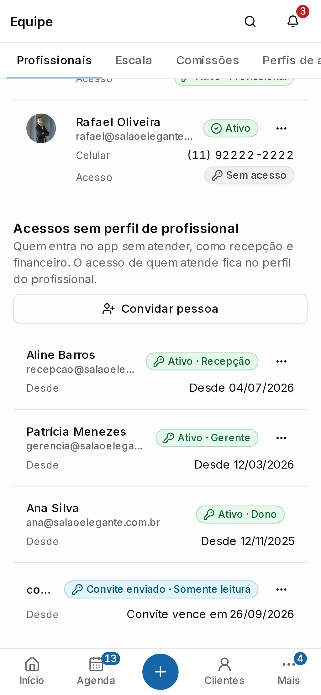 Seção de acessos sem perfil de profissional, com a recepção, a gerente, a dona e um convite pendente (no celular)